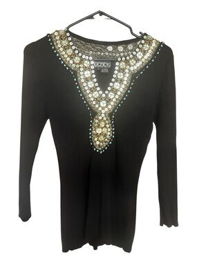 VTG Berek by Takano Sakan Beaded V-Neck Ribbed Top Sequin Artsy SZ M Black